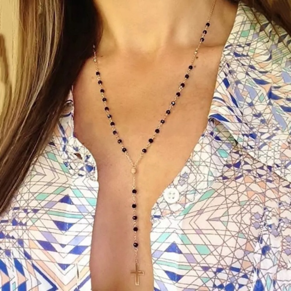 “Bohemian Flow” Beaded Cross Festival Necklace new 24k Gold Plated